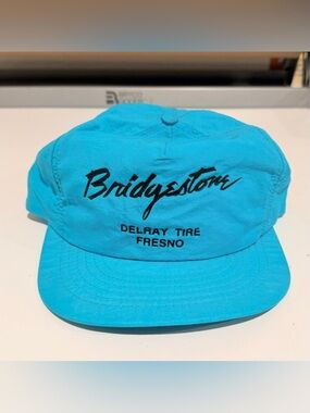 Vintage Bridgestone Tires Hat Snap Back Adjustable Neon Blue Racing 80s
